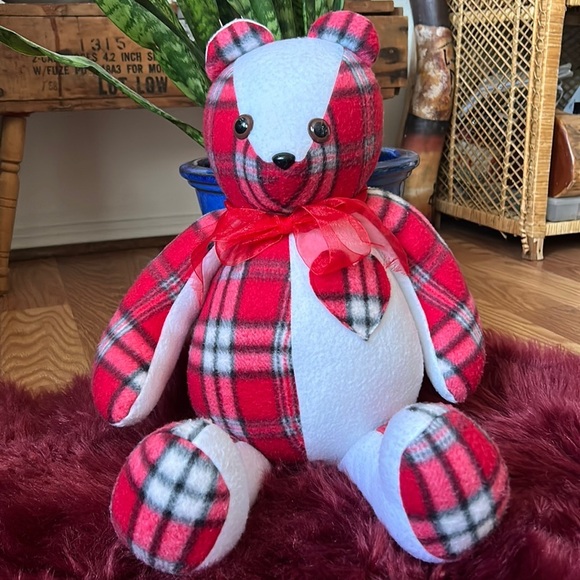Handmade Large Teddy Bear with Red Heart and Plaid Teddy Bear - Picture 1 of 7